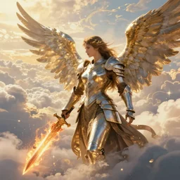 A beautiful fierce angel with wings, wearing metal battle armor and a flaming sword, among heavenly sunlit clouds, intricate, elegant, detailed, digital painting, golden hour photography, profile shot, trending on artstation, concept art, smooth, sharp focus, illustration, art by artgerm and Greg Rutkowski and Alphonse Mucha