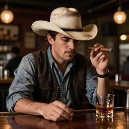 a cowboy wearing a worn cowboy hat holding a cigar in a night cafe with a glass of whiskey on the bar, ultra realistic, 8 k,