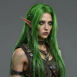 highly detailed portrait of wasteland punk long dripping green poison hair tribal lady, stray wiring by atey ghailan, james gilleard, by joe fenton, by greg rutkowski, by greg tocchini, by kaethe butcher, 4 k resolution, gradient green, purple, black and white color scheme!!! ( ( green flaming robotic sewer background ) )