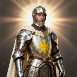 man in crusader armor and white cape with yellow kingdom of jerusalem emblem on it drawn by greg rutkowski realistic high detail