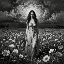 By Tom Bagshaw and Giger, ultra realist soft painting of a flower field by night, long dress female, horror, omnious sky, symmetry accurate features, very intricate details, black and white, volumetric light clouds
