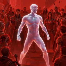 translucent realistic slim muscular male light armor suit tight clothes superhero fighting a large crowd, red, fantasy digital art, vivid color style artstation, style greg rutkowski and frank frazetta and mucha and richard corben, octane render, unreal engine 6, epic game graphics, fantasy, conceptual art, ray tracing, magic the gathering art