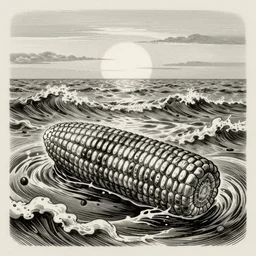 corn floating in ocean, waves, sunrise, vintage country style, monochromatic, engraving, detailed