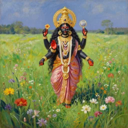 hindu goddess kaali in distance looking at you in beautiful meadow of flower, detailed painting by edward hopper
