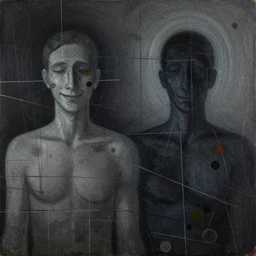 two human figures anxiety, smiling, abstract, maya bloch artwork, ivan plusch artwork, cryptic, lines, stipple, dots, abstract, geometry, splotch, concrete, color tearing, uranium, acrylic, hints of color, pitch bending, faceless people, dark, ominous, eerie, minimal, points, technical, painting
