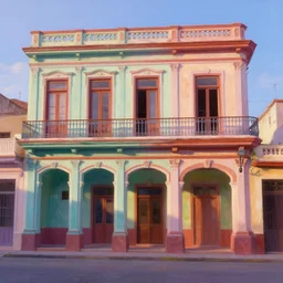 beautiful painting of cuban houses and storefront without characters, colonial architecture, intricate and smooth colors, front view, colorful octane render, beautiful dawn light, art style by pixar and michal sawtyruk