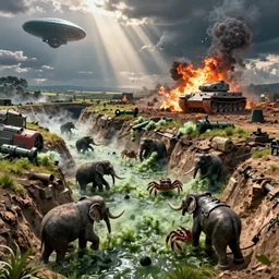 natural looking fight landscape of ww 1 deep trenches with fortifications, crabs fighting with elephants, green gas spreading across land, futuristic tank is on fire, ground explosion in the background, alien mothership in the sky, hyper realistic, highly detailed, dramatic lighting, raytarced, god rays, 4 k, 8 k, matte painting