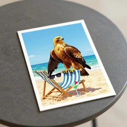 postcard showing 'a cool golden eagle perched on a beach chair with sunglasses and a martini' laying on coffee table