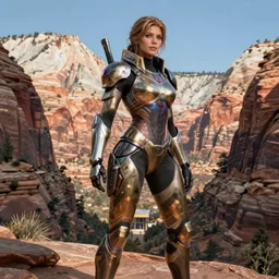 ultra realist and ultra intricate detailed photo of a beautiful sci-fi armored Apex legends Legendary skin in Zion national park