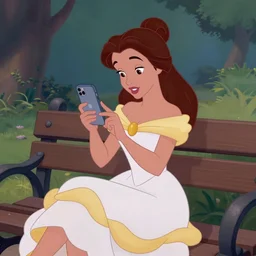 Digital art in the style of classical Disney animation of Belle from Disney's Beauty and the Beast playing with an iPhone while sitting on a bench in a park. She has on a white summer dress with yellow accents and a blue ribbon in her hair.