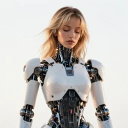 beautiful centered Fine art photo portrait of sleepy young Carmen Electra as a solarpunk robotic humanoid, white mechanical parts with led lights, photorealistic, white background, highly detailed and intricate, sunset lighting, HDR 8k