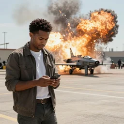 a christian checks Top Gun in the messenger, wide shot, realistic, explosions in the background, 4K