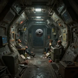 epic professional digital art interior view of dim, cramped, cluttered, claustrophobic spaceship cargo hold torn by micrometeorite, detailed by hamish frater, jim burns, eric geusz, best on artstation, cgsociety, stunning, much wow, cinematic