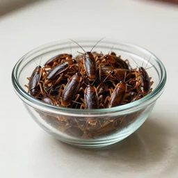 glass bowl full of cockroaches on a table