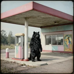 a black beast in an abandoned gas station, daguerreotype by edward hopper, by henri rousseau, by Bosch, art noveau, highly detailed, strong lights, liminal, eerie, Bright pastel colors, octane render, 8k