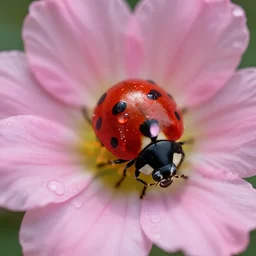 realistic flower macro with ladybug dewdrops volumetric lighting 4 k
