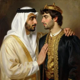 attractive arab king in love with his attractive male prince. highly detailed painting by gaston bussiere, craig mullins, j. c. leyendecker