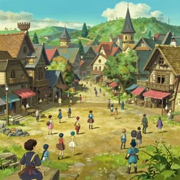 medieval town square full with people by miyazaki nausicaa ghibli, breath of the wild style, epic composition