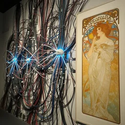 a wall crowded with wires and neural networks, zoomed out, sci - fi, ai, 4 k realistic, artem demura. courbet. alphonse mucha. wires!