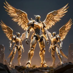 birds in glowing cybernetic battle armor, photorealistic