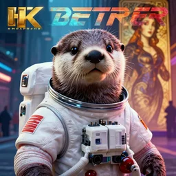 hyperrealistic portrait of an athropomorphic otter wearing an astronaut outfit, bladerunner street, art of elysium by jeremy mann and alphonse mucha, fantasy art, photo realistic, dynamic lighting, artstation, poster, volumetric lighting, very detailed face, 4 k, award winning, cinematic lighting, deviantart, artstation, cg society