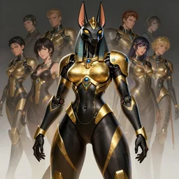 female anubis wearing black and gold cybertech mecha, buxom, wide hips, character art by stanley artgerm lau, wlop, rossdraws, james jean, andrei riabovitchev, marc simonetti, and sakimichan, trending on artstation