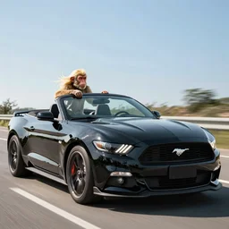 black ford mustang gt convertible with roof down, driven by a cool blonde long haired monkey, 4 k, super realistic, unreal engine, details, full car view, sunny day