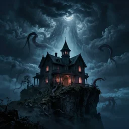 in the style of charlie bowater, dean cornwell, steve niles : : stunning, spooky haunted house on a cliff, tentacles coming down from the sky : : lighting, clouds, storm : : night time : : lovecraftian : : cinematic lighting : :