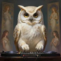anthropomorphic dj owl mixing on stage, diffuse lighting, fantasy, intricate, elegant, highly detailed, lifelike, photorealistic, digital painting, artstation, illustration, concept art, smooth, sharp focus, art by john collier and albert aublet and krenz cushart and artem demura and alphonse mucha