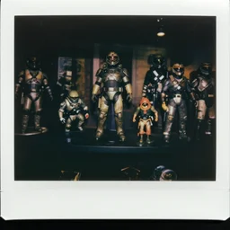 a dark gift shop with section of master chief toys and figurines. 3 5 mm f / 2. 8 macro lens. creepy dark polaroid - w 6 4 0