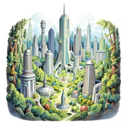 a beautiful illustration of a retro futuristic city of carved into forest  by Daniel Dociu| sparth:.2 | Time white:.4 |  | Graphic Novel, Visual Novel, Colored Pencil, Comic Book:.2
