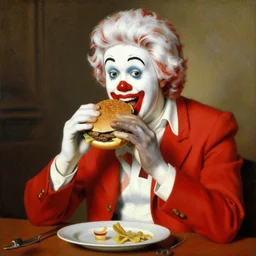 ronald mcdonald eating a hamburger, painting by fransisco goya