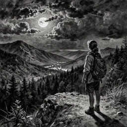 A female wanderer looks from a mountaintop, mountains, gorgeous view, velly distant forest, distant city, distant glow, night, moon, dramatic light, Chiaroscuro, long shadows, dark, thunderclouds, masterpiece, high detail, detailed, illustration by Paul Gustave Doré