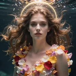 Portrait of a woman wrapped in flower petals, halo of light, underwater bubbles, flowing hair, by ross tran and anton fadeev, artstation