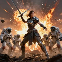 a beautiful warrior princess in battle against zombie astronauts, wide angle action shot, designed by ralph mcquarrie and moebius, octane render, intricate detail, hdr, 8 k, volumetric lighting, explosions, napalm, sunset apocalypse background - 9 6 0