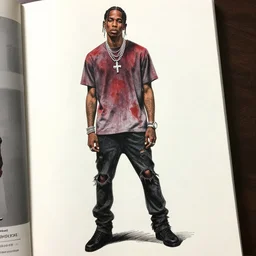 travis scott wearing a bloodstained shirt and ripped pants, illustration, drawing, visual novel, fountain pen, conte, artwork, concept art, magazine, spectral color, analogous - colors, light, tones of black, low contrast, cinecolor, 3 d