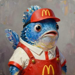 oil painting portrait of anthropomorphic fish animal dressed in modern american mcdonalds uniform, wearing mcdonalds hat, digital art