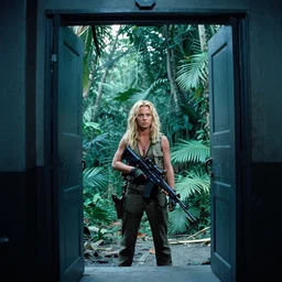 film still, extreme far view, britney spears, jungle, vietnam door gunner, apocalypse now, associated press, 2 6 mm, kodak ektachrome, blue tint, expired film,