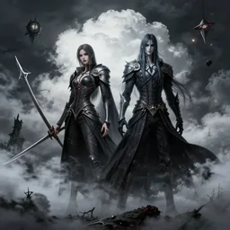 cloud strife and sephiroth, style of american gothic