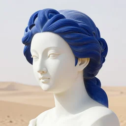 full head and shoulders, beautiful female porcelain sculpture, smooth, all white features on a white background, delicate facial features, white eyes, white lashes, detailed white, lots of deep blue hair in a winding hairstyle on the head, giant statue in the desert by daniel arsham and james jean