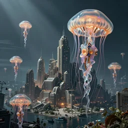 Cyborg biomechanical jellyfish city. By Konstantin Razumov, highly detailded