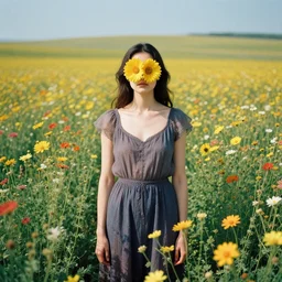 woman with a flower face standing in flower field, surreal photography, artstation, simon stalenhag