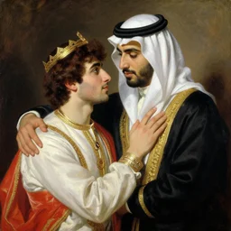 attractive arab king confesses his love for his attractive male prince. highly detailed painting by gaston bussiere, craig mullins, j. c. leyendecker