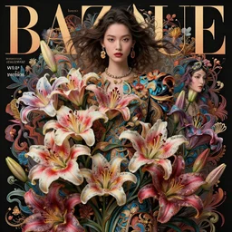 pretty model with lilies : : by martine johanna and simon stalenhag and chie yoshii and casey weldon and wlop : : ornate, dynamic, particulate, rich colors, intricate, elegant, highly detailed, vogue, harper's bazaar art, fashion magazine, smooth, sharp focus, 8 k, octane render