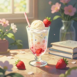 cold drinks, ice cream, strawberry embellishment, books and flowers, trending on studio ghibli, dreamy, soft, global illumination, radiant light, intricate environment, luminescence, highly detailed, 8 k