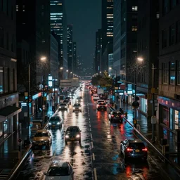 a city street at night, raining, photograph, cars on the road, cyberpunk, sharp focus, intricate detail