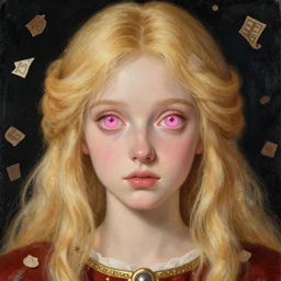 blonde girl with brown money pieces, big pink eyes, medieval painting style
