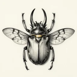 a horn beetle with ornamented wings, drawing, dot art, charcoal art, serigraphy, ink, soviet art, monochrome, desaturated, low contrast, 8 k, dot, line, bezier curve, ray tracing ambient occlusion