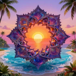 a hyper-complex geometric mandelbulb fractral sunrise, mandelbrot fractal ocean waves, tropcial psychedelic vacation paradise, insane amount of detail, photo