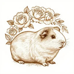 detailed etching line art stencil, flowers and roses, side view of guinea pig, tattoo digital design